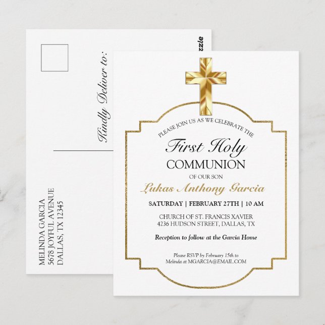 Elégant or Première Sainte Communion Invitation (Devant / Derrière)