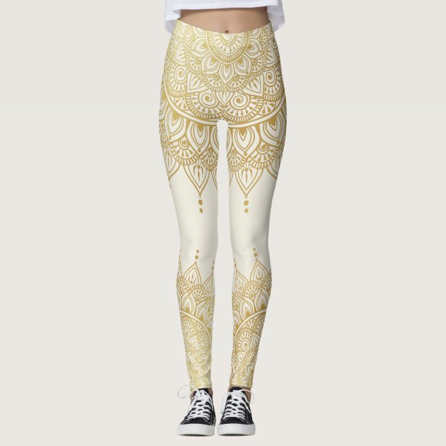 Elégant or sur crème Floral Henna Mandala Legging (Devant)