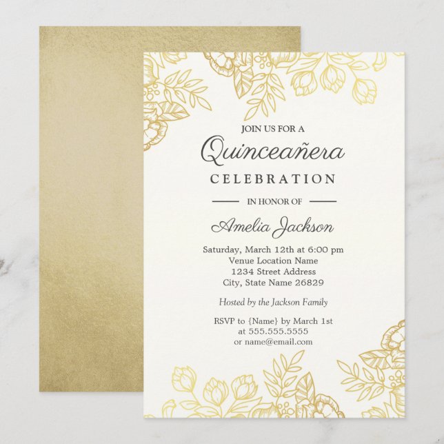 Elégant or Vintage Floral Quinceanera Invitation (Devant / Derrière)