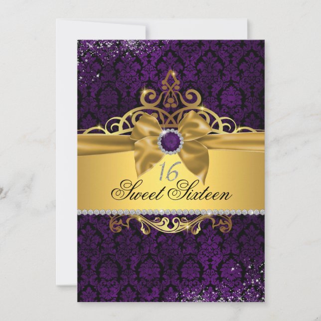 Elégant or violet Sweet sixteen Damask Invitation (Devant)