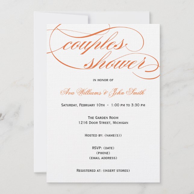 Elégant Orange Script Couples Douche Invitation (Devant)