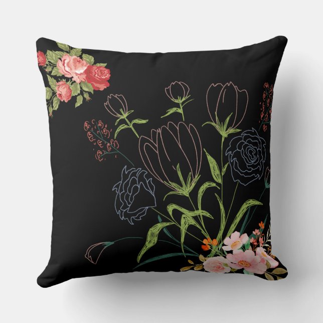 Elégant oreiller à lancer floral noir - coussin Ca (Verso)