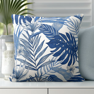 Élégant oreiller blanc bleu Feuille de palme