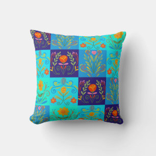 Élégant Oreiller Floral Vert Bleu Foncé