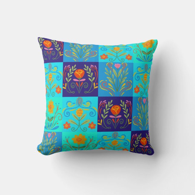 Élégant Oreiller Floral Vert Bleu Foncé (Recto)