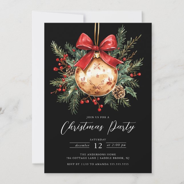 Élégant ornement d'or noir Invitation de Noël (Devant)