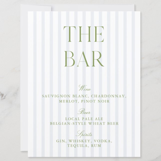 Élégant panneau de bar de mariage rayé vert sauge  (Devant)