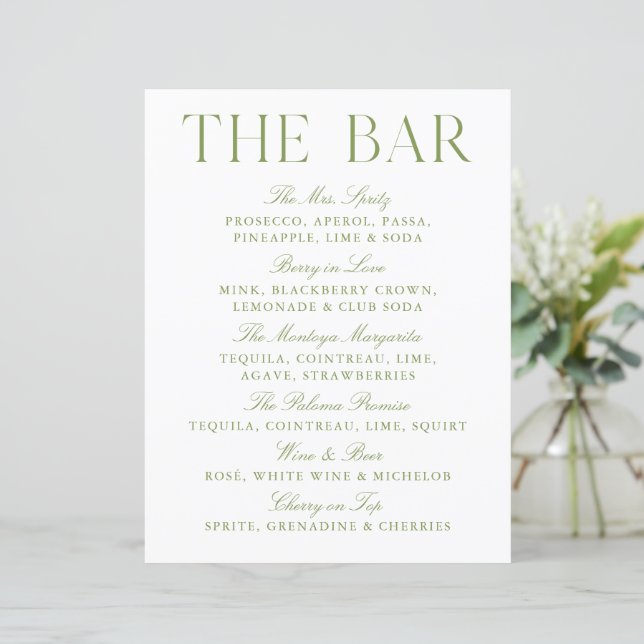 Élégant Panneau de Bar de Mariage Vert Sage et Bla (Debout devant)