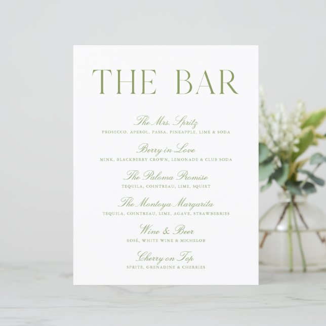Élégant Panneau de Bar de Mariage Vert Sage et Bla (Debout devant)