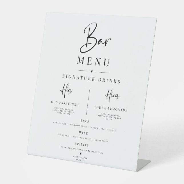 Élégant Panneau de Menu de Bar de Mariage Minimali (Recto)