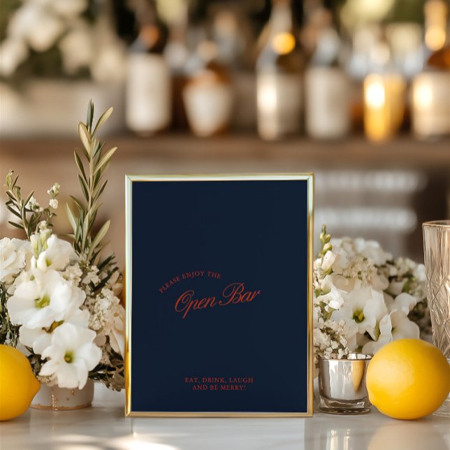 Élégant panneau Mariage rouge & bleu profond Open  (Elegant Red & Deep Blue Open Bar Wedding Sign)