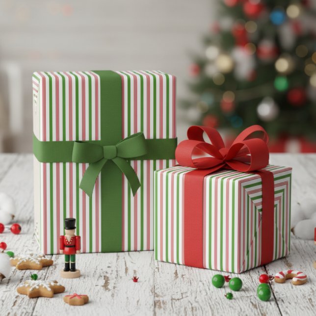 Élégant papier cadeau à rayures vertes et rouges (Cute Candy Cane Stripes Kids Christmas Wrapping Paper. Festive Modern Red & Green Pinstripe Pattern)