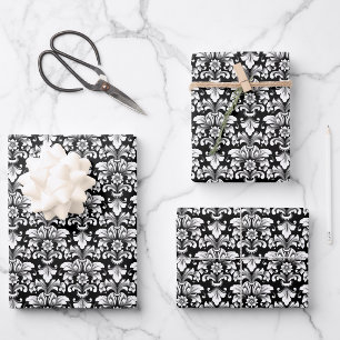 Élégant papier cadeau damassé feuille plate set de