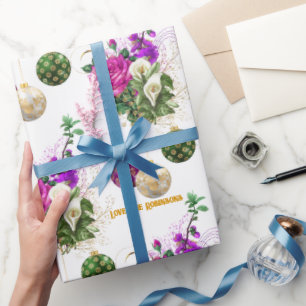 Élégant Papier Cadeau de Noël Fleuris Fuchsia Vint