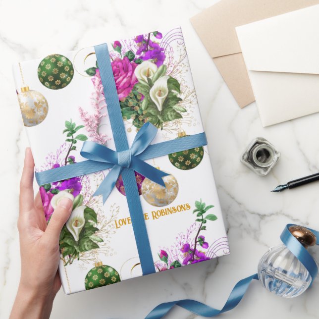 Élégant Papier Cadeau de Noël Fleuris Fuchsia Vint (Cadeaux)