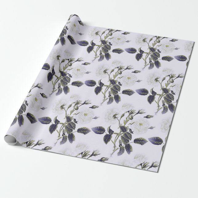 ÉLÉGANT PAPIER CADEAU FLEURI GRIS & BLANC DE STYLE (Déroulé)