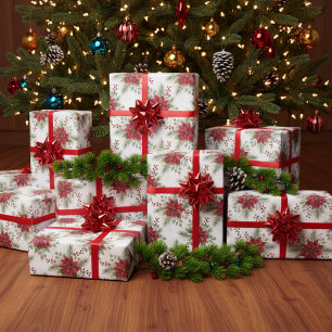 Élégant papier cadeau Noël poinsettia rouge aquare