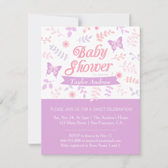 Elégant papillon floral Baby Shower Invitations (Devant)