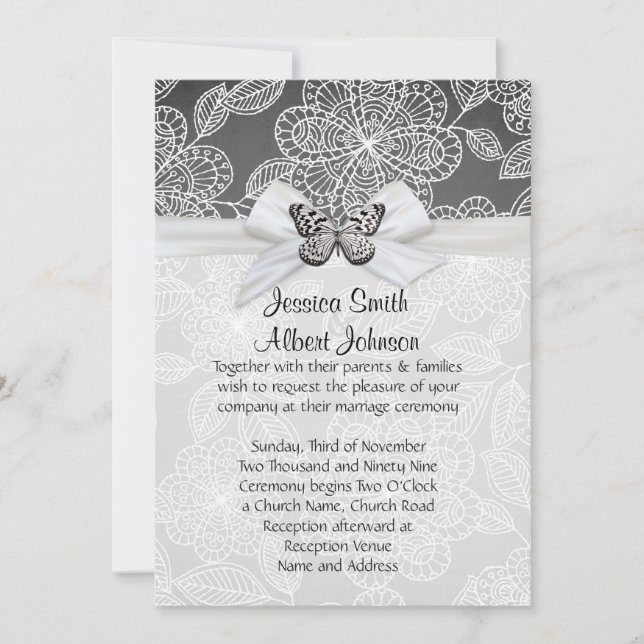 Élégant Papillon Invitation Mariage damassé (Devant)