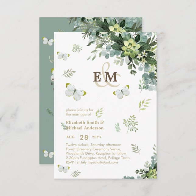Elégant Papillons de verdure Monogram Mariage Inv (Devant / Derrière)