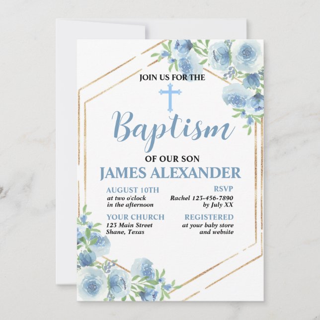 Elégant Pastel Blue Floral Baptism Invitation (Devant)