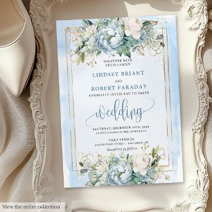 Elégant Pastel Blue White Gold Peonies Invitation
