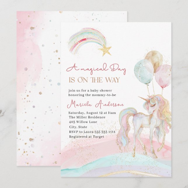 Elégant Pastel Gold Unicorn Aquarelle Invitation (Devant / Derrière)