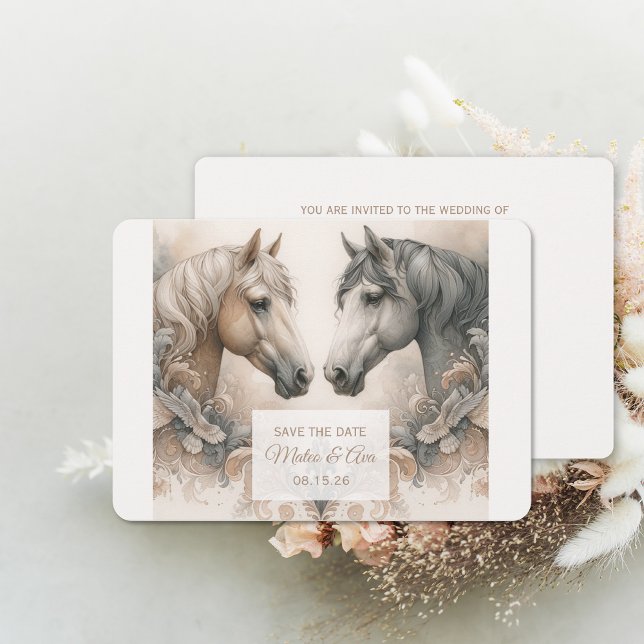 Élégant Pastel Horses Mariage Enregistrer La Carte (Elegant Pastel Horses Wedding Save The Date Card (front and back))