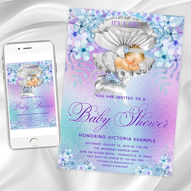 Elégant Pastel Mermaid Baby Shower Invitations (Purple teal mermaid baby shower invitation. Instant download and printed invitations available.)