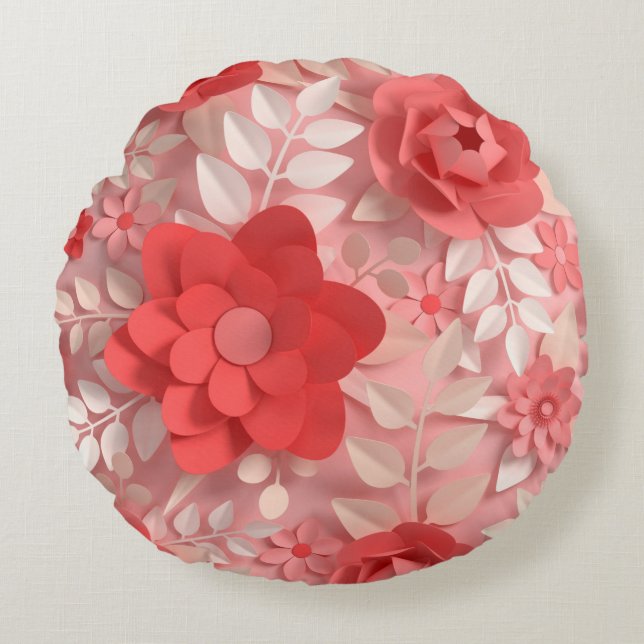 Élégant Pastel Pink Papier Fleurs Coussin Rond (Devant)