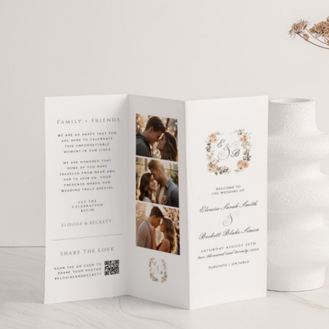 Élégant Peach Floral Trifold Wedding Programme (Créateur téléchargé)