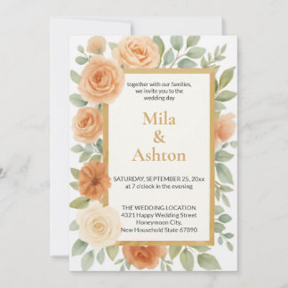 Elegant Peach Floral Wedding Invitation – Editable