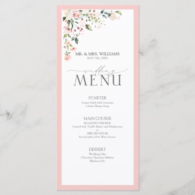 Elégant Peach Pink Aquarelle Floral Menu Mariage (Devant)