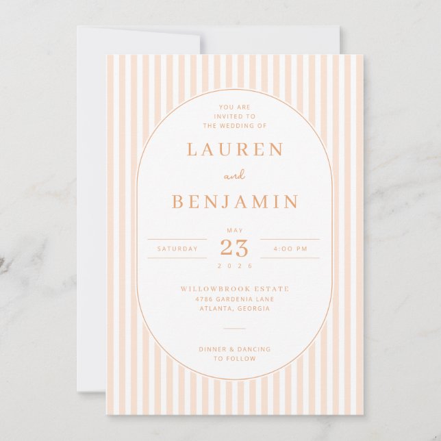Elegant Peach Striped Wedding Invitation (Devant)