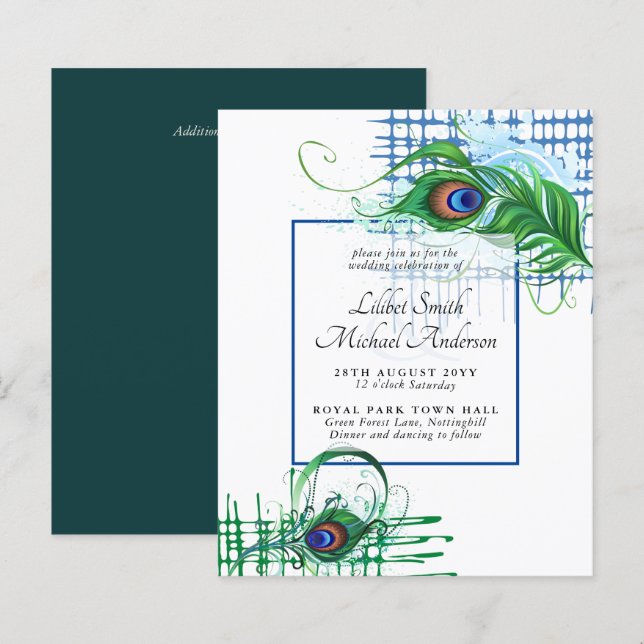 Elégant PEACOCK FEATHER Mariage Inviter BUDGET (Devant / Derrière)