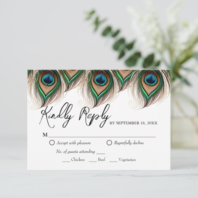 Elégant Peacock Feather Wedding Carte RSVP (Debout devant)