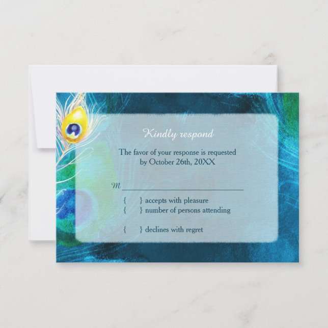 Elégant Peacock Feathers Blue Wedding RSVP (Devant)