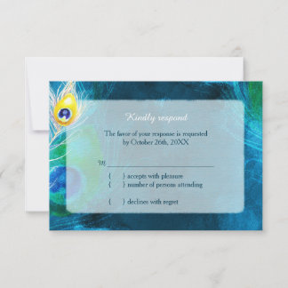 Elégant Peacock Feathers Blue Wedding RSVP