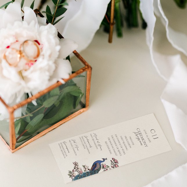 Élégant Peacock Floral Ordre des programmes de ser (Elegant Ivory Floral Wedding Ceremony Program. Modern  Hand-Drawn Rustic Peacock, Magnolia Flowers. )