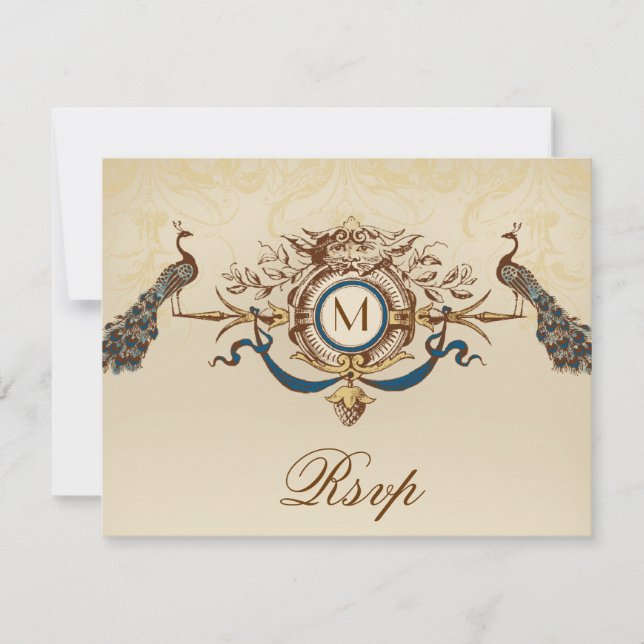 Elégant Peacock Monogram Vintage Wedding Carte RSV (Devant)