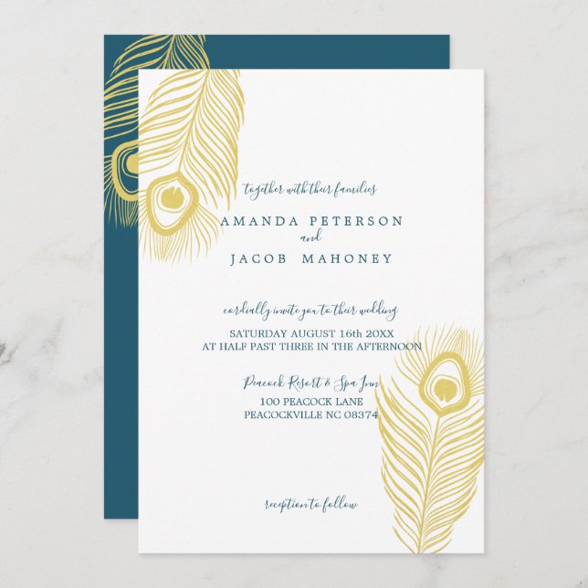 Elégant Peacock Or Invitations de mariage (Devant / Derrière)