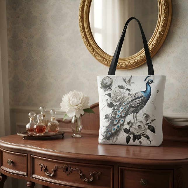 Elegant Peacock Tote Bag with Floral Illustration  (Créateur téléchargé)