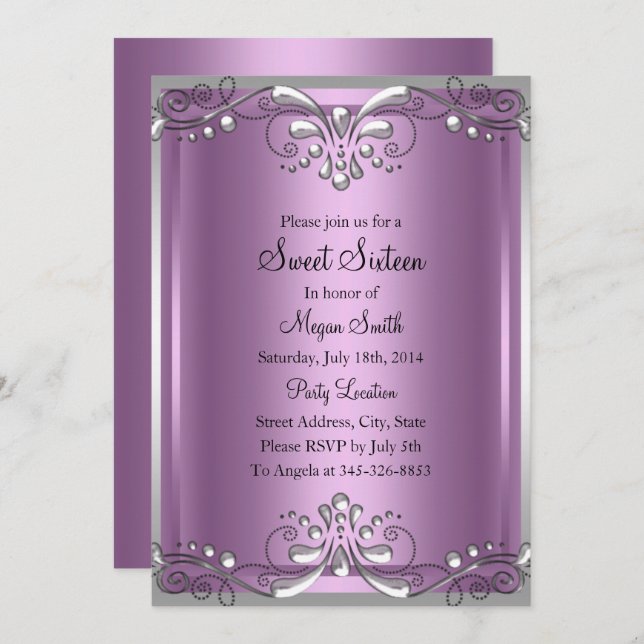 Elégant Pearl Purple Sweet sixteen Invitation (Devant / Derrière)