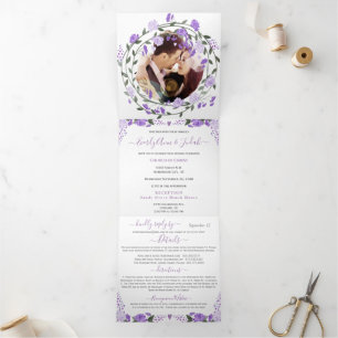 Élégant Peine violette Mariage Floral Tri-Fold Pho