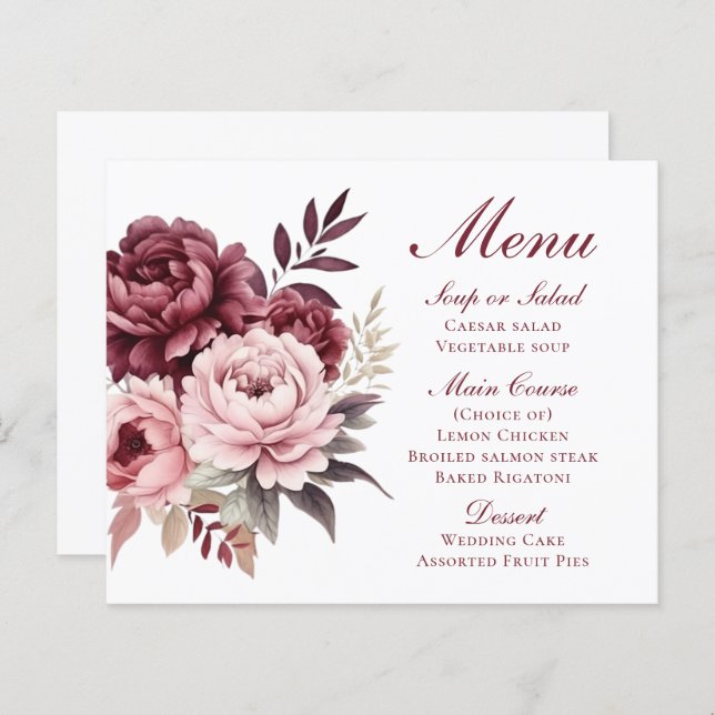 Elégant Peony Bourgogne Floral Menu Mariage (Devant / Derrière)