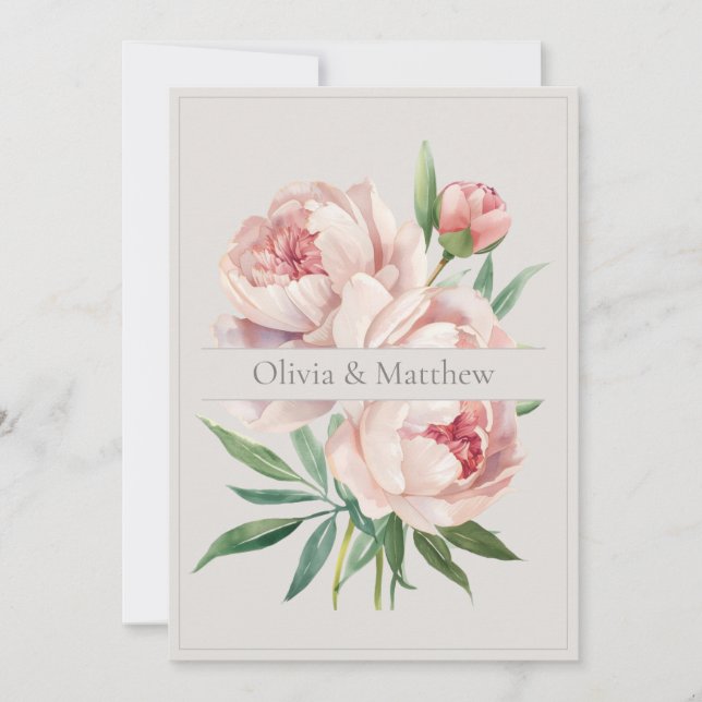 Elegant Peony Wedding Invitation with QR Code (Devant)