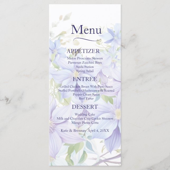 Élégant Periwinkle Clematis Menu Mariage (Devant)