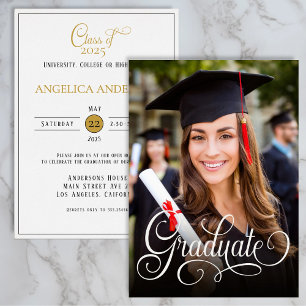 Élégant Photo Gradué White Script Invitation