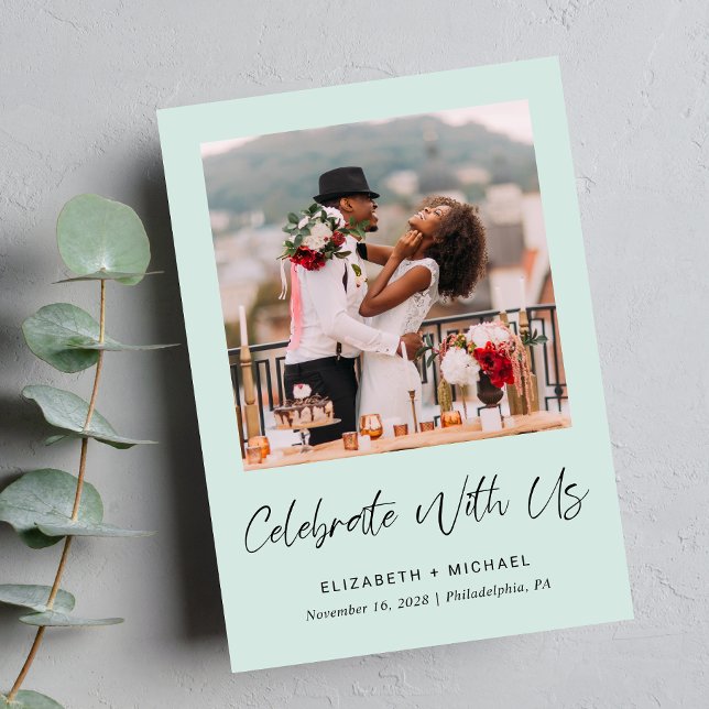 Elégant Photo Mint Mariage Réception Invitation (Celebrate your love story with a reception invitation showcasing your favorite wedding photo)