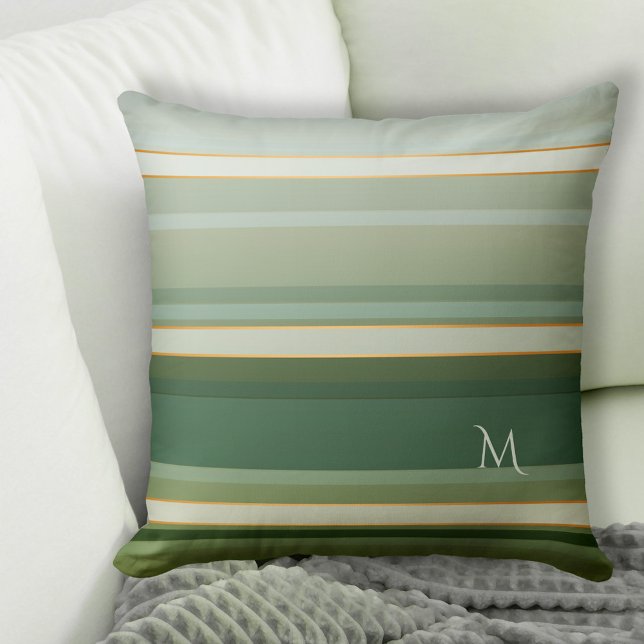 Élégant Pine Vert Motif rayé Coussin Monogramme (Pillow featuring an elegant striped pattern in pine green with pastel turquoise and rose gold lines)